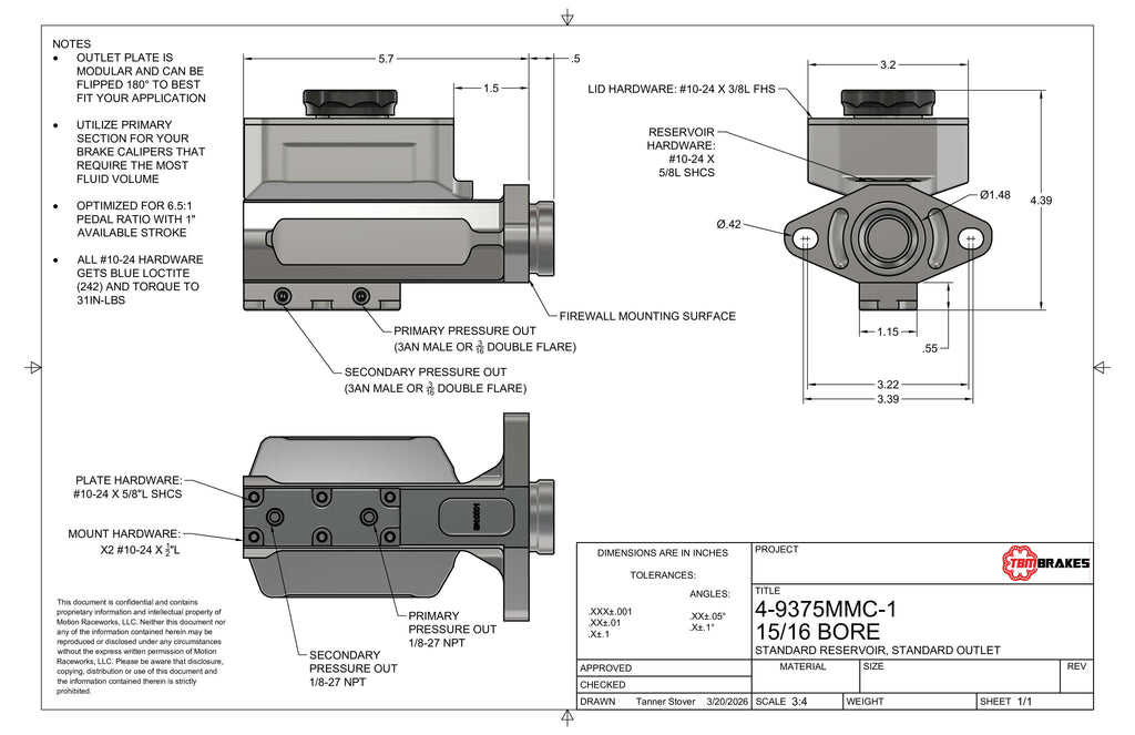 1988.5-1993 S10 Sonoma Blazer TBM Modular Bore Billet Master Cylinder Conversion Kit (Choose Bore Size)