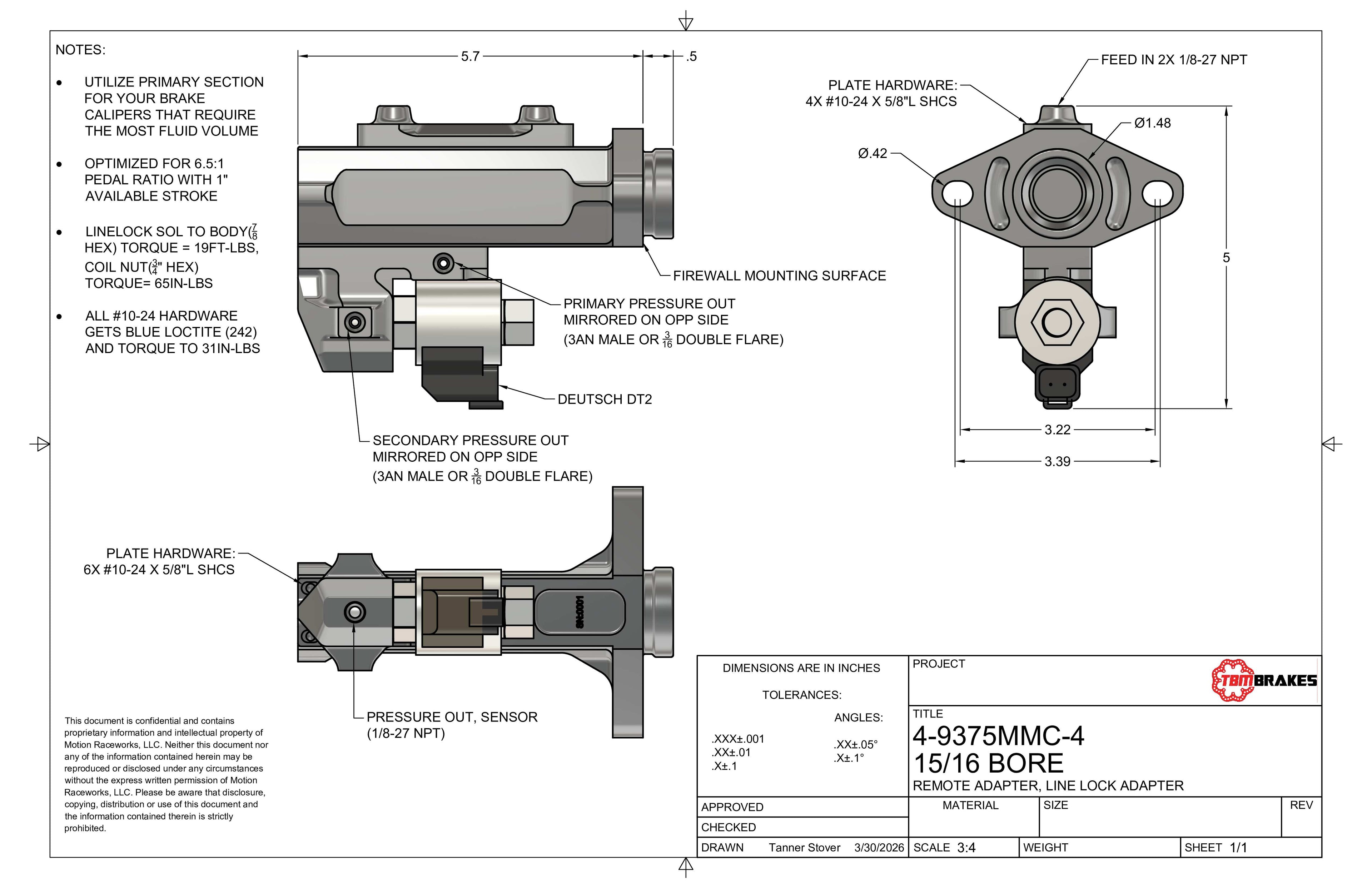 TBM Modular Billet Master Cylinder 1.032" Bore (Remote Top)