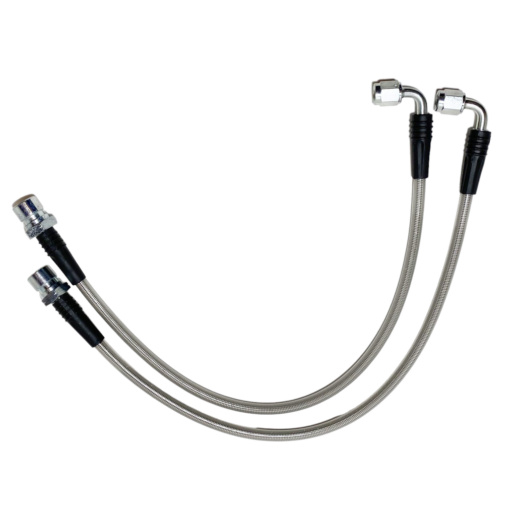 S550 & S650 Mustang Front Brake Line Kit +7" From Stock Length -03AN 90° Female on Caliper End, 010-0250-F3 - Motion Raceworks